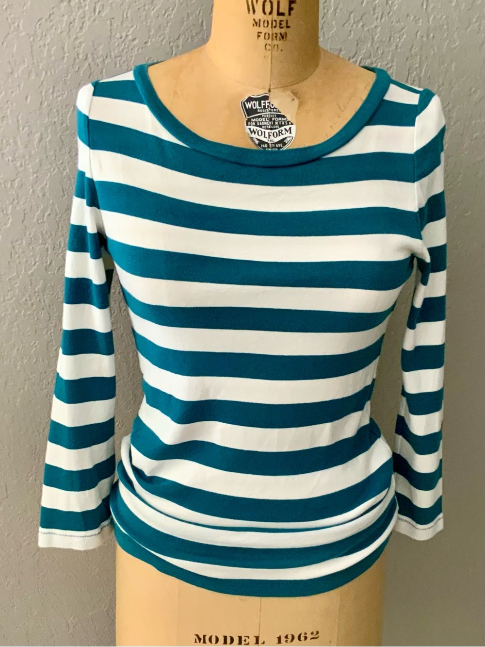 J. Crew Teal and White Striped Long Sleeve Scoop Neck Tee